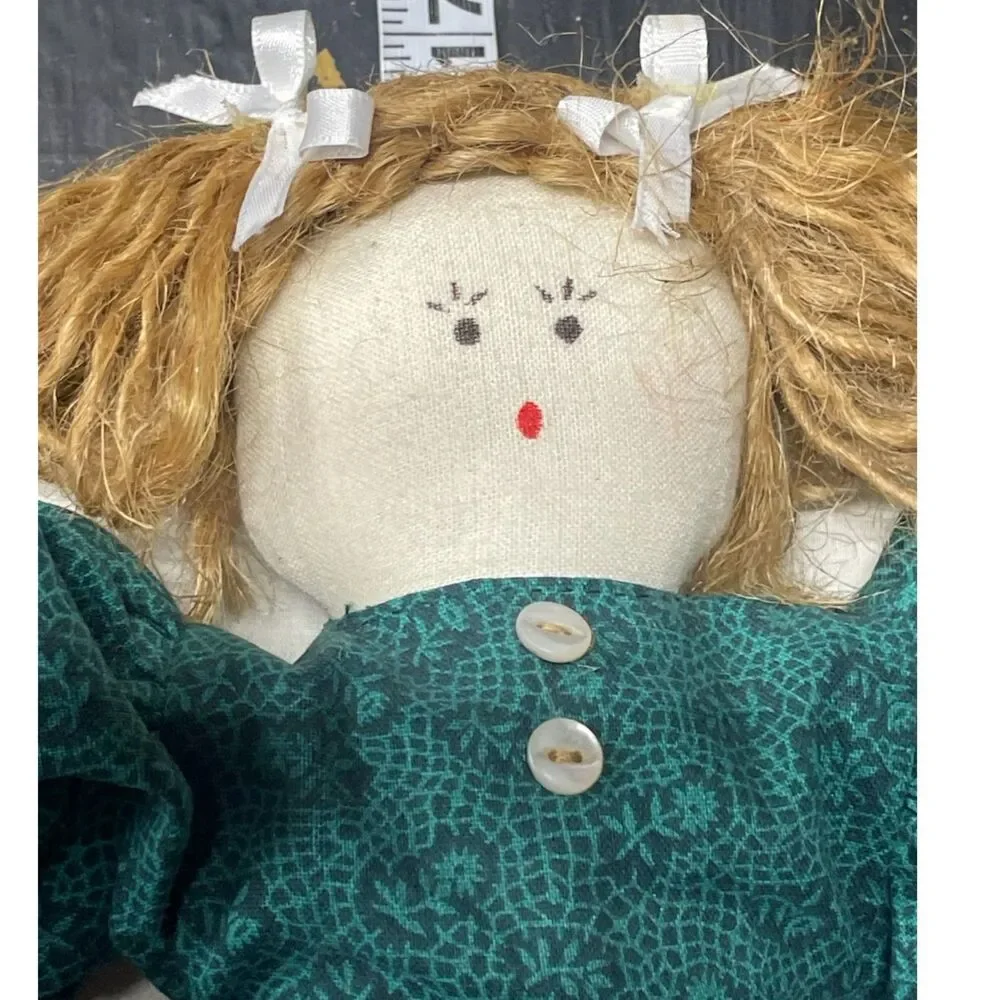 Vintage Folk Art Cloth Angel Doll Green Floral Dress Primitive Country Decor